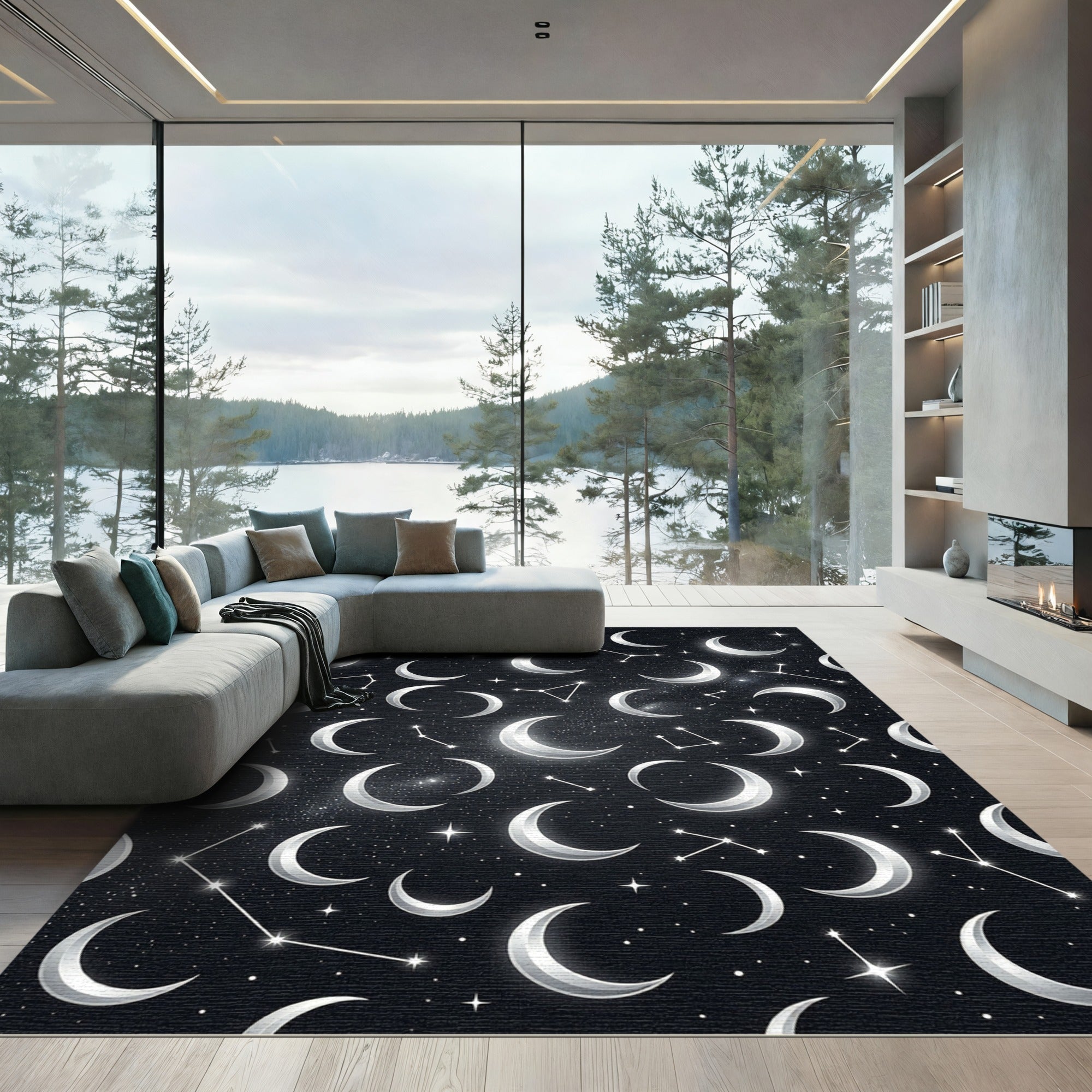 Celestial Silver Moon and Constellation Rug