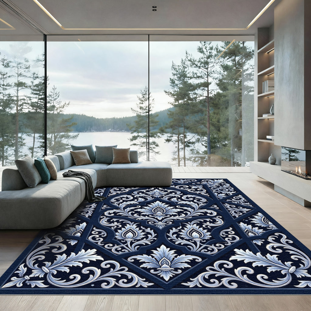 Deep Navy White Floral Lattice Rug