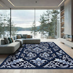 Deep Navy White Floral Lattice Rug