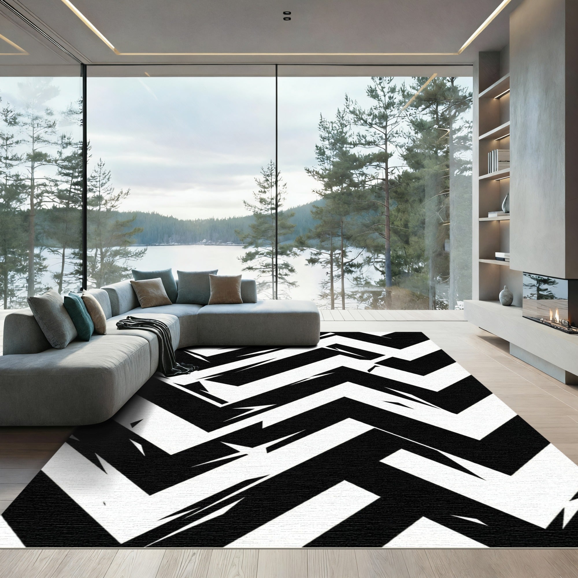 Sharp Black White Zigzag Geometric Rug