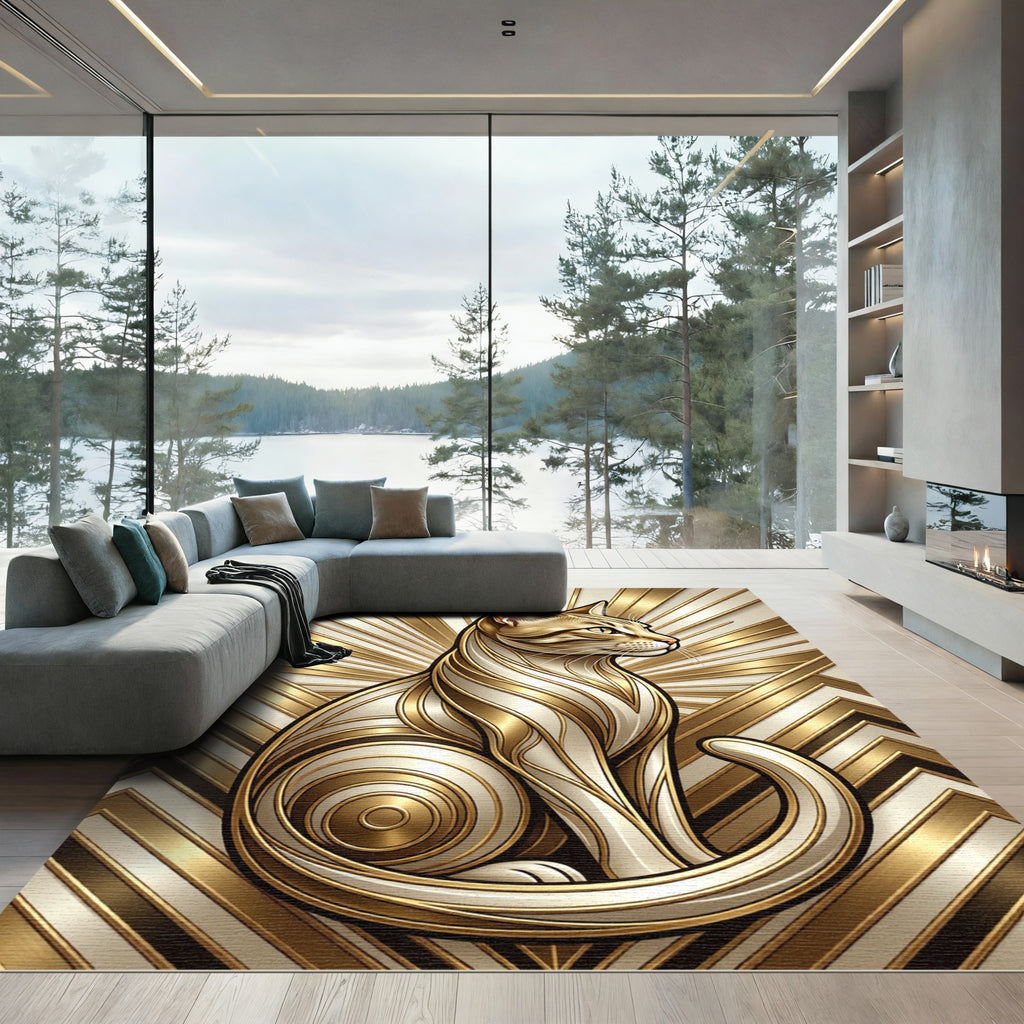Golden Art Deco Cat Radiating Geometric Lines Rug