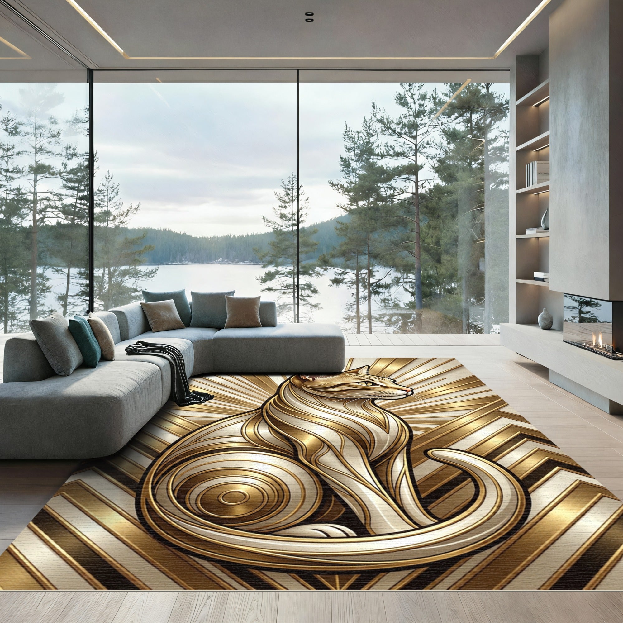 Golden Art Deco Cat Radiating Geometric Lines Rug