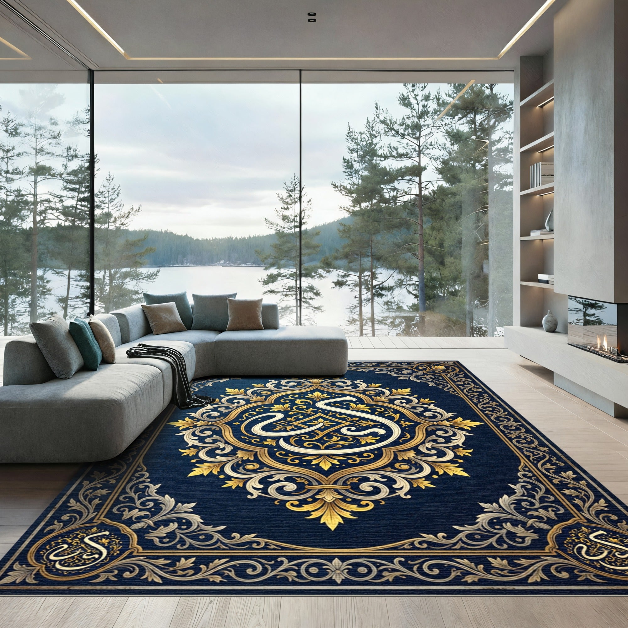 Ornate Gold Arabic Calligraphy Midnight Blue Rug