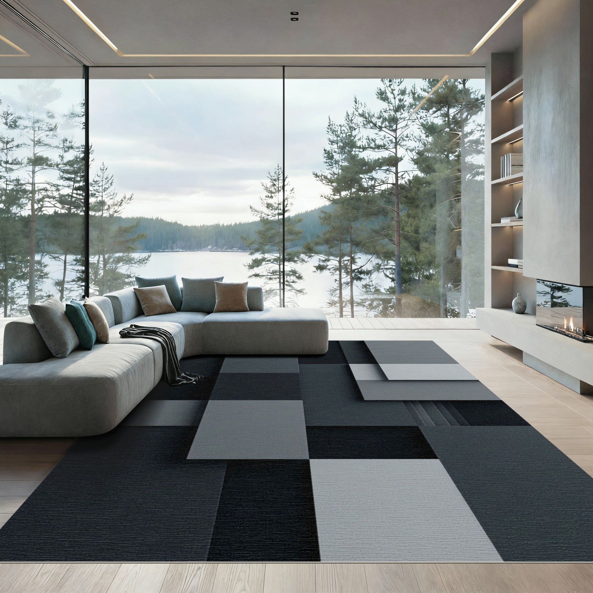 Modern Slate Gray Geometric Squares Rug