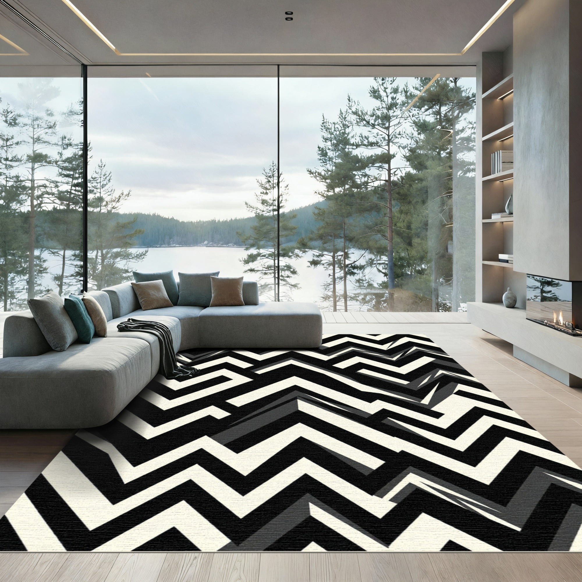 Monochrome Jagged Zigzag Landscape Rug