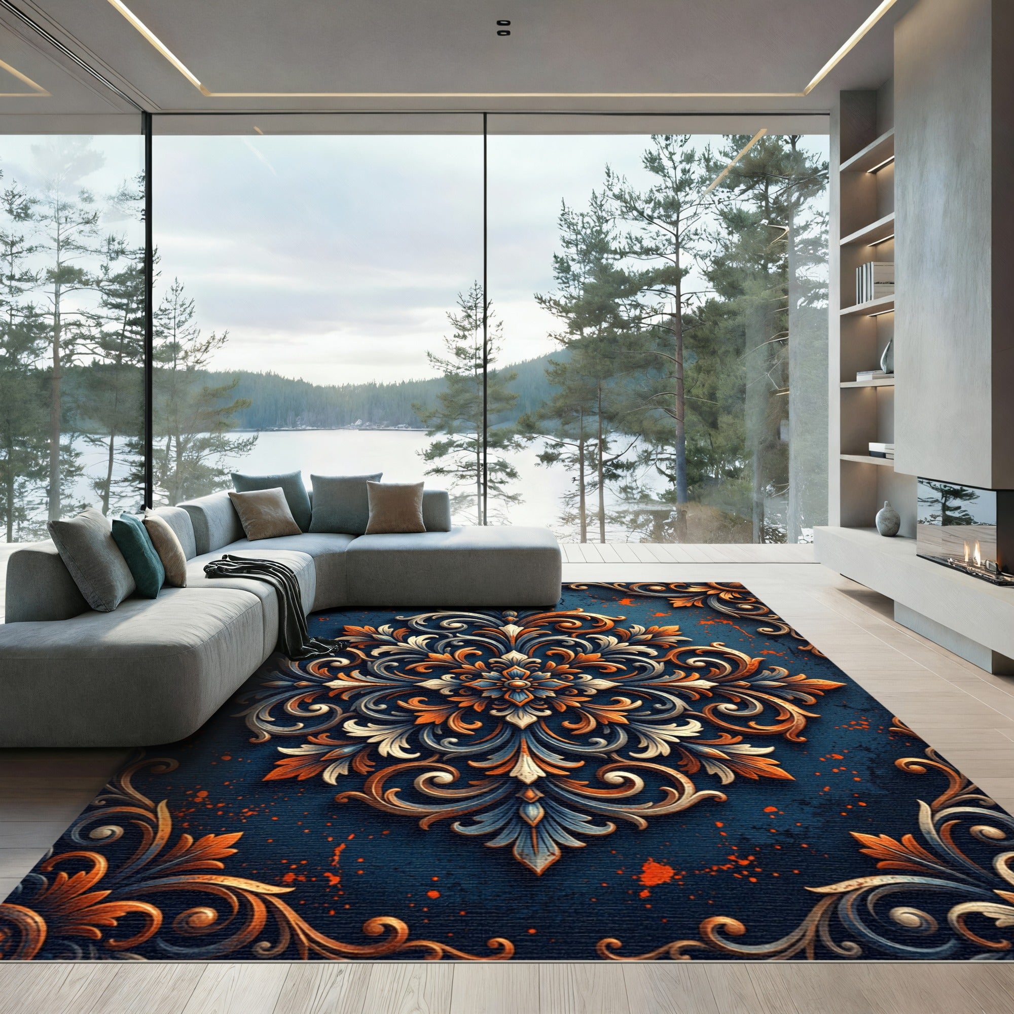Ornate Blue Orange Scrollwork Medallion Rug