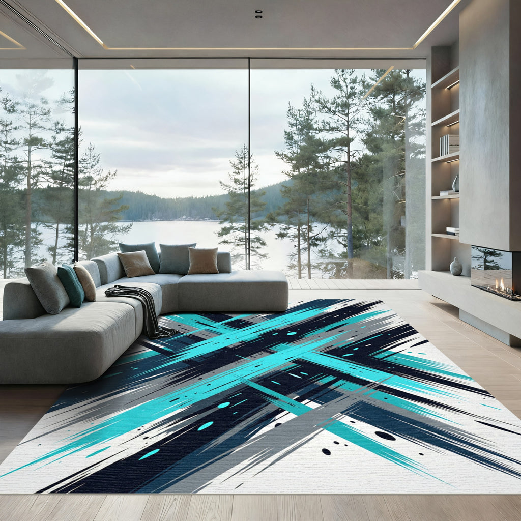 Deep Blue Teal Jagged Lines Rug