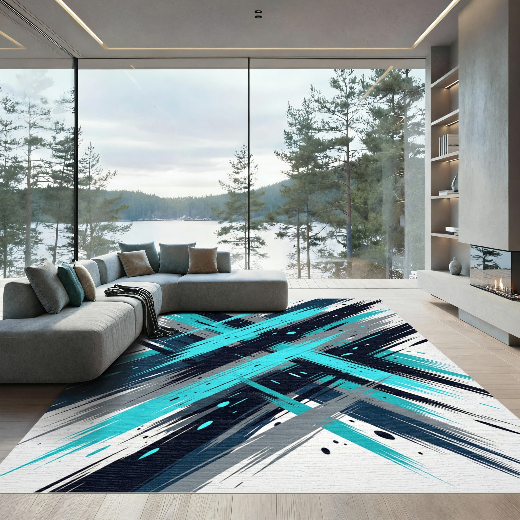 Deep Blue Teal Jagged Lines Rug