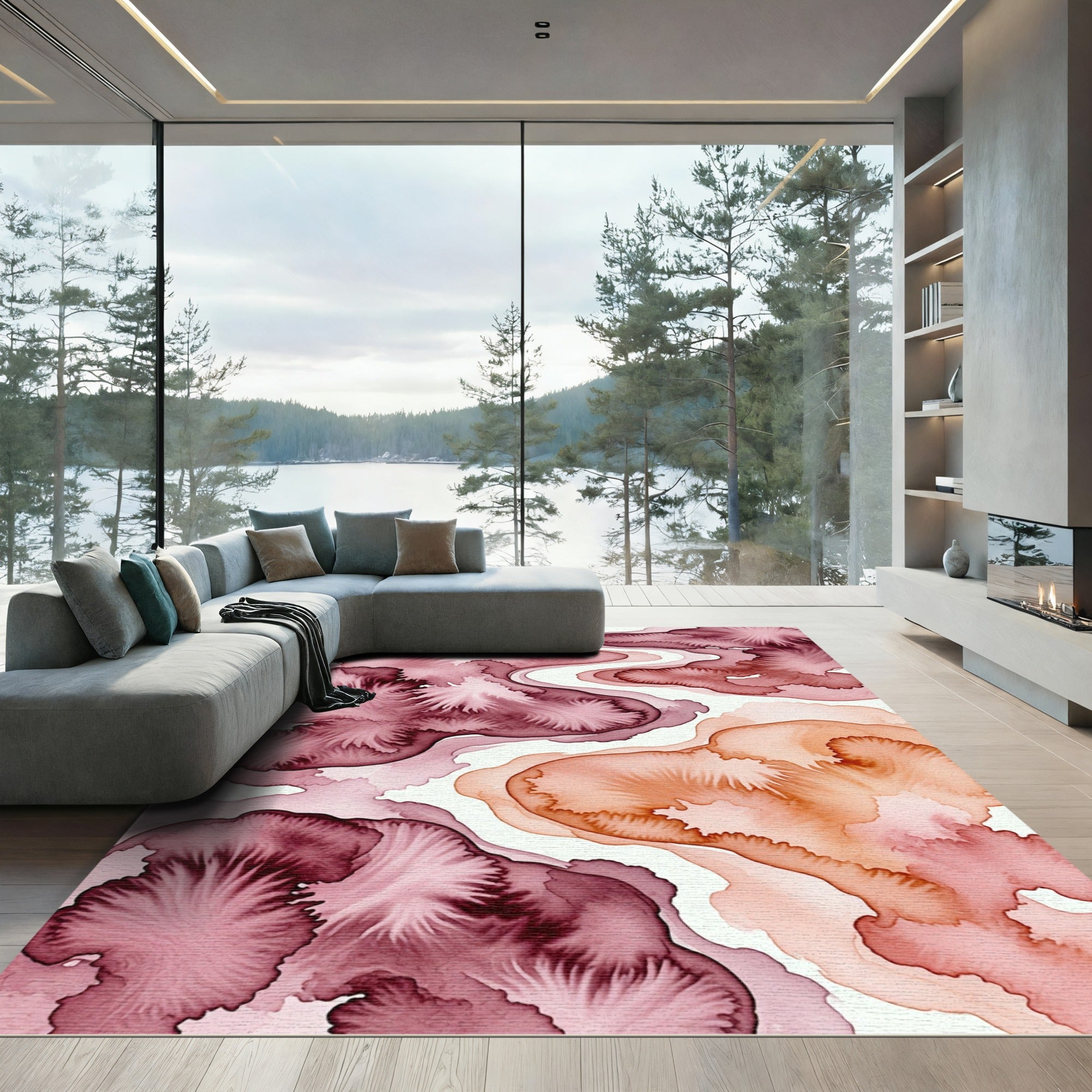 Abstract Burgundy and Terracotta Ink Flow Rug
