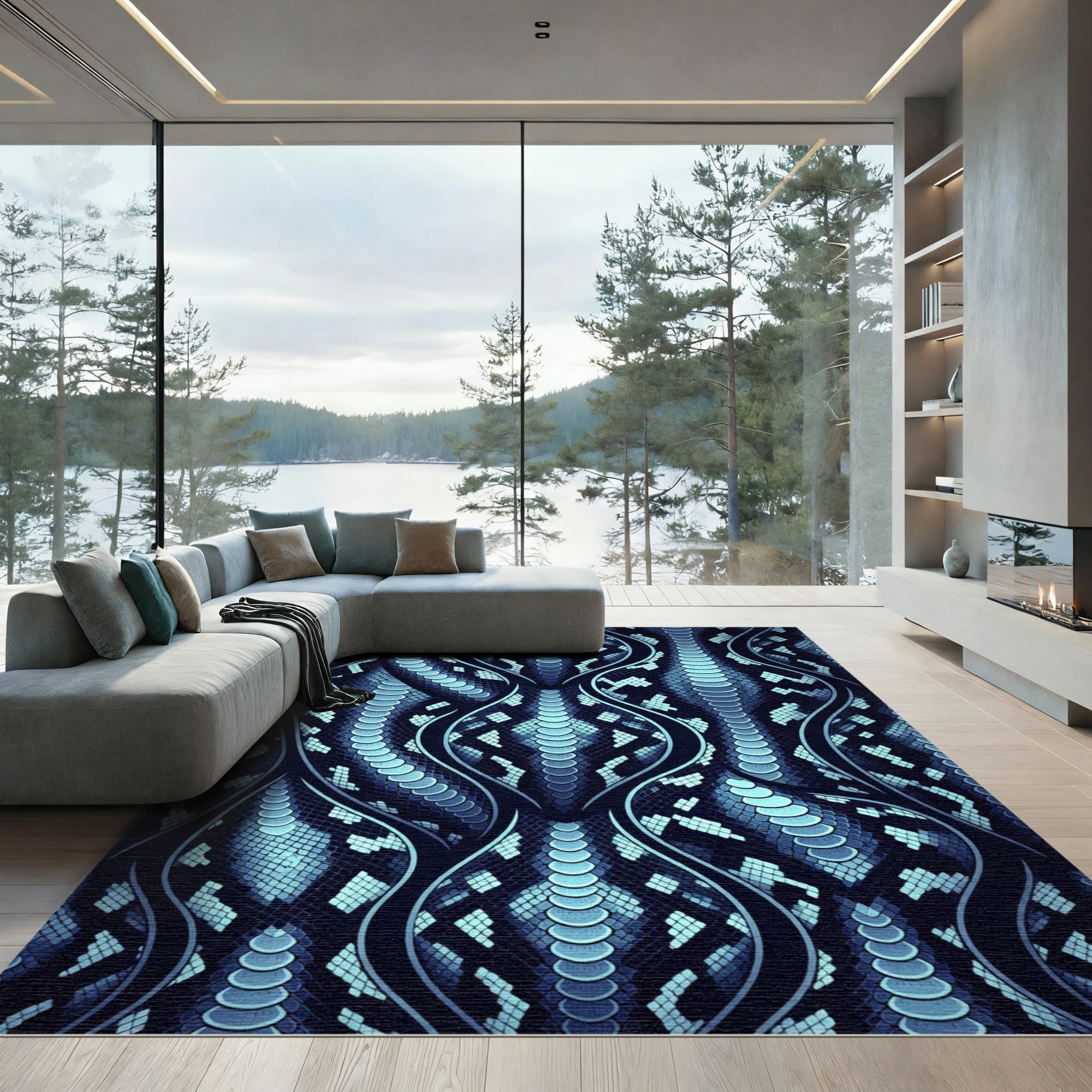 Electric Blue Serpent Scale Wave Rug