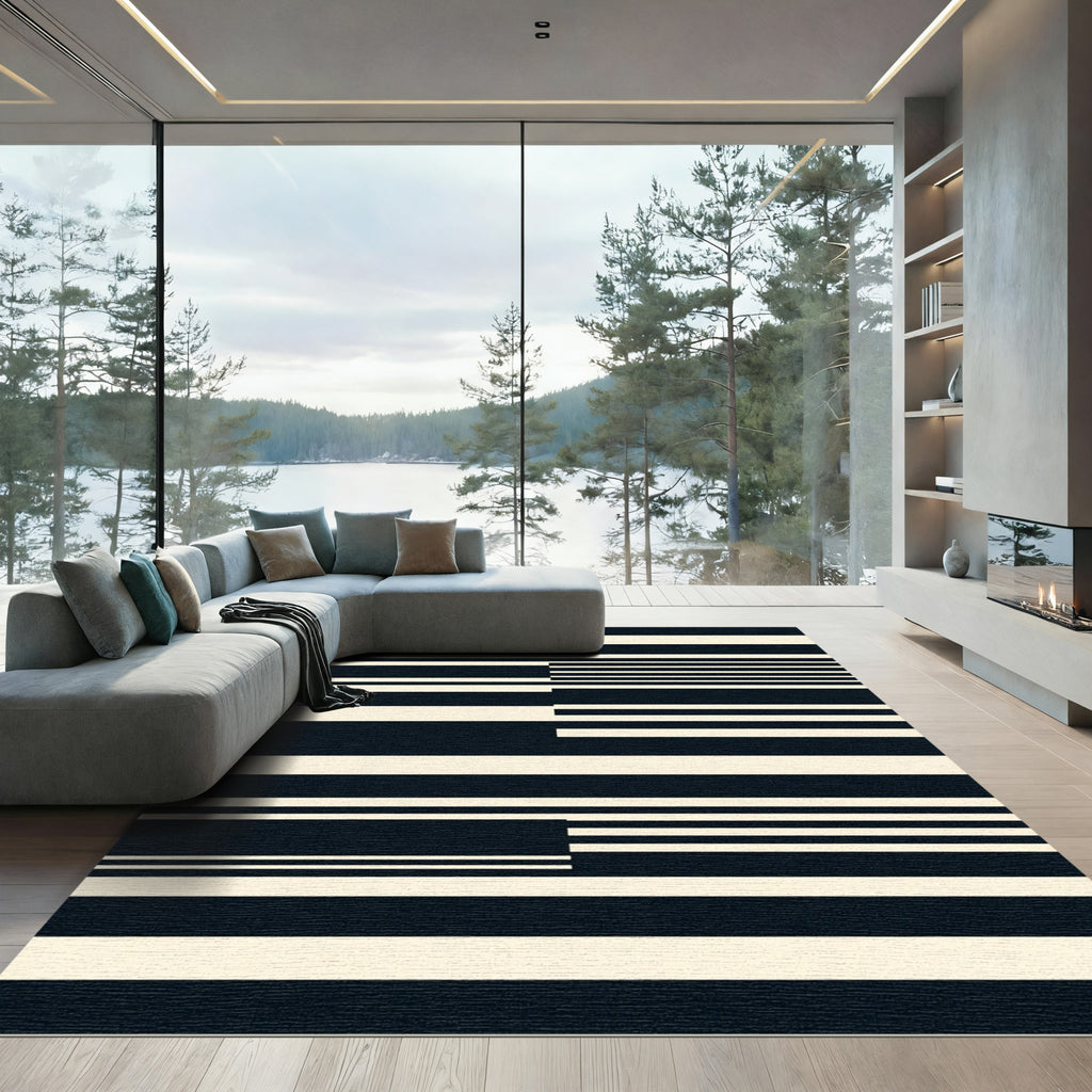 Modern Ivory Black Striped Arrangement Rug
