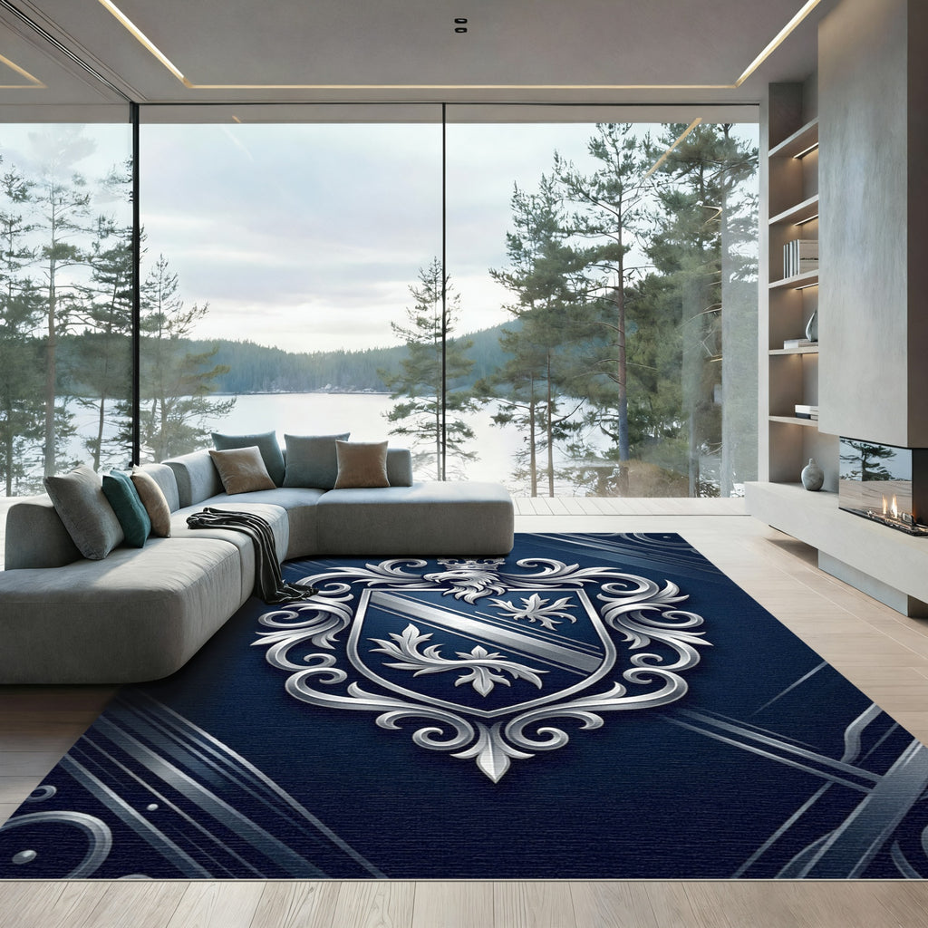 Silver Emblazoned Crest Royal Blue Shield Rug