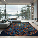 Intricate Golden Blue Lotus Mandala Rug