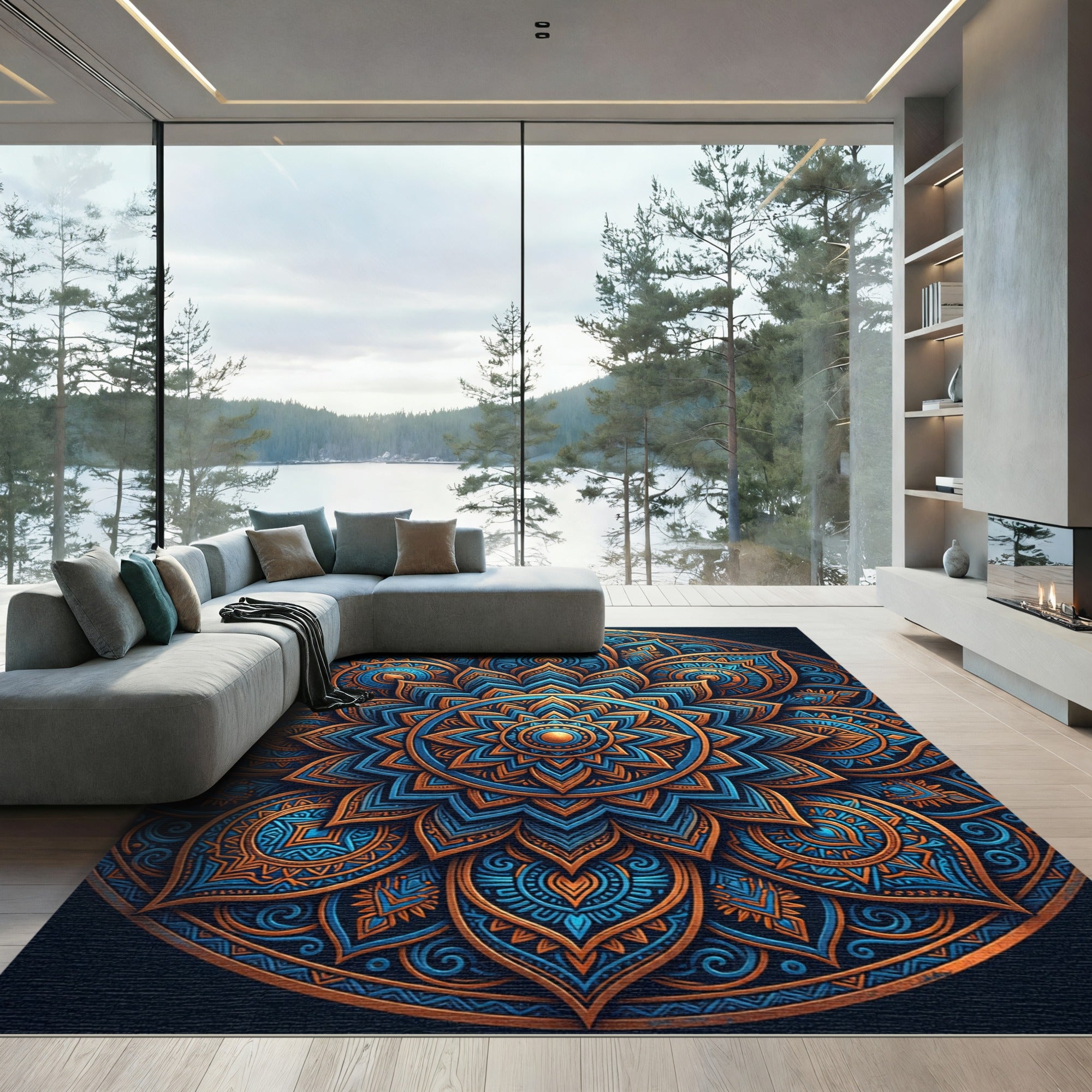 Intricate Golden Blue Lotus Mandala Rug