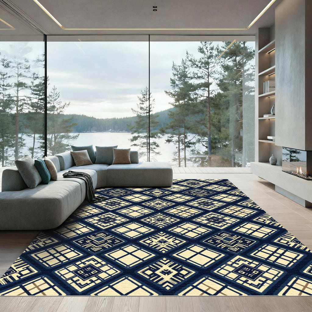 Midnight Navy Cream Geometric Grid Rug