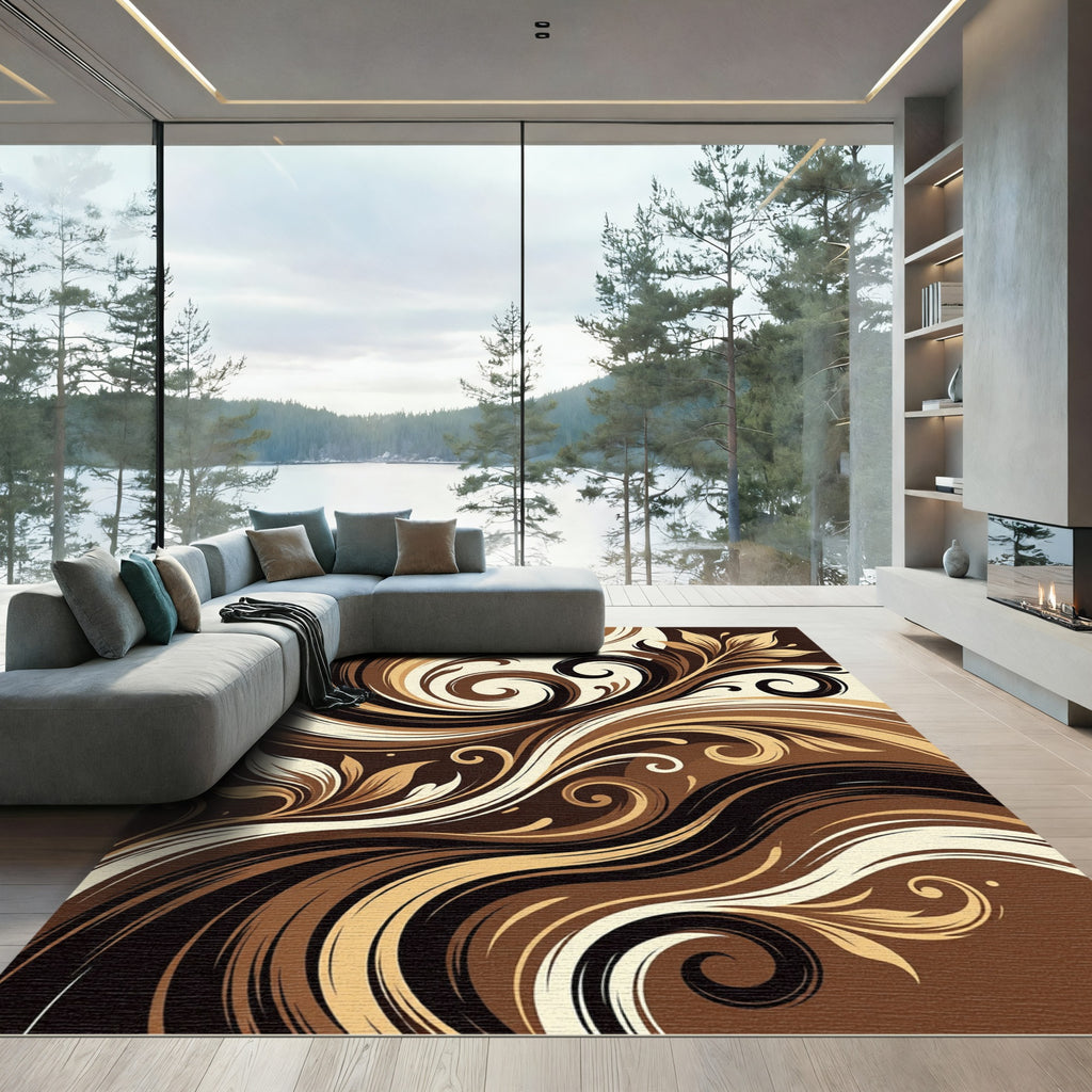 Rich Chocolate Swirl Floral Abstraction Rug