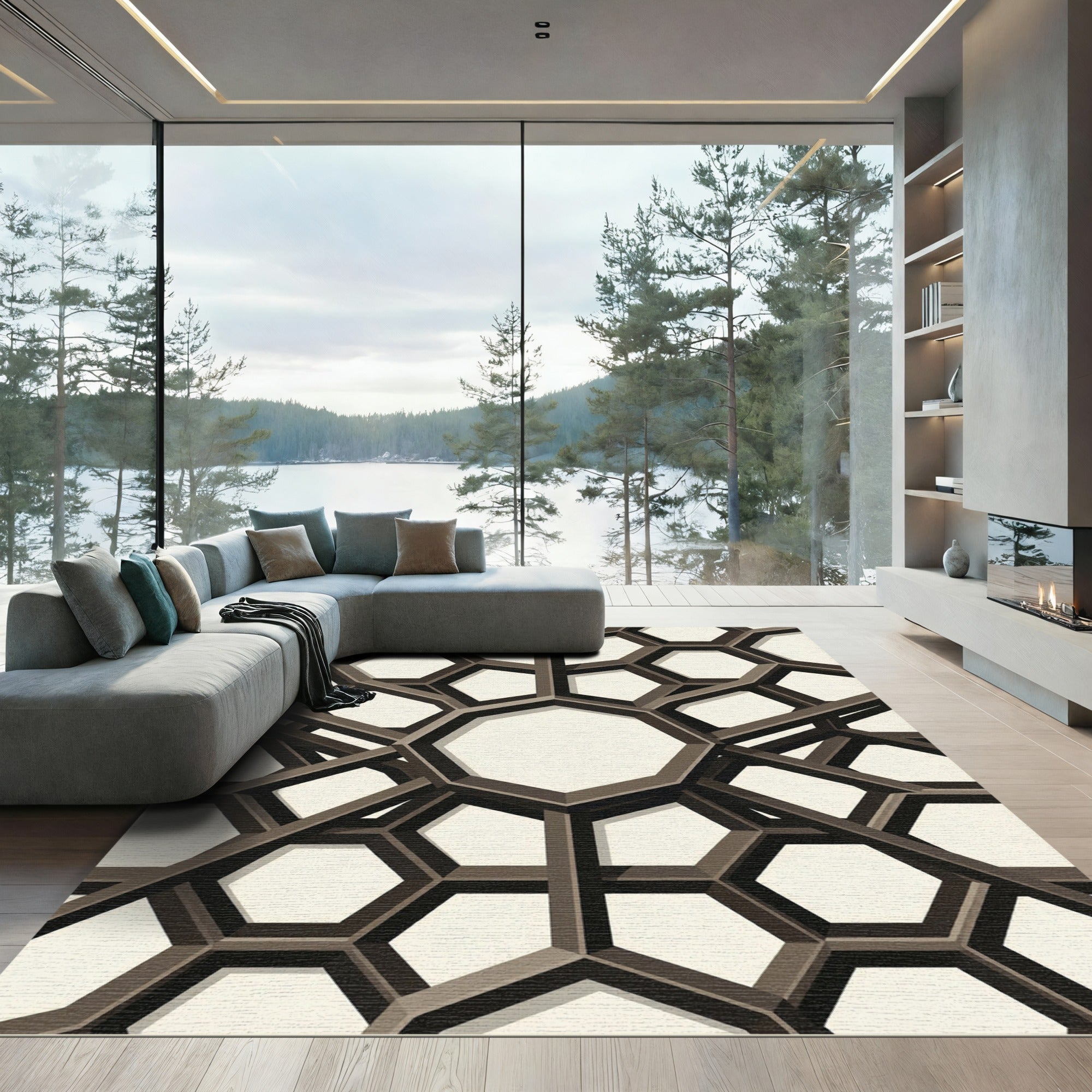 Geometric Brown Honeycomb Architectural Rug