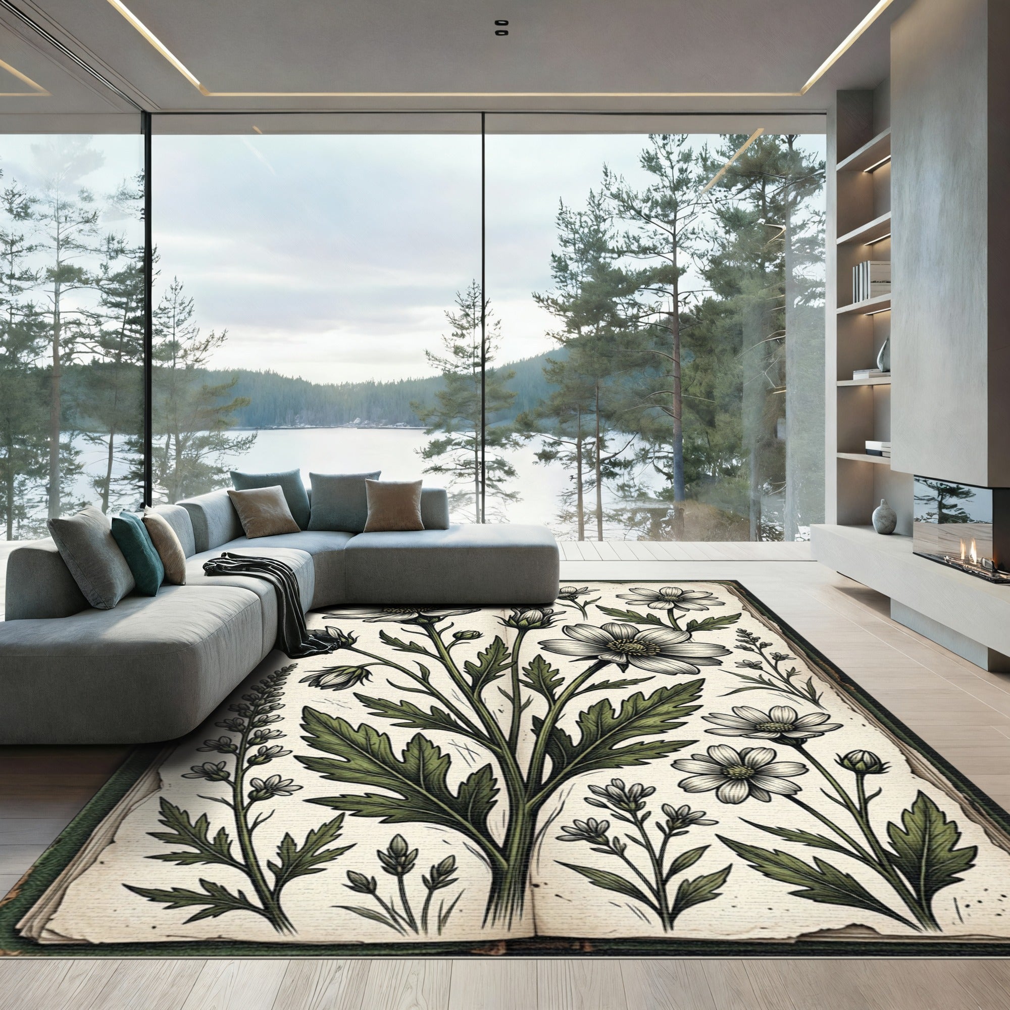 Vintage Botanical White Daisy Sketch Rug