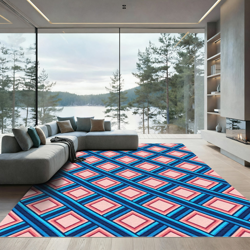 Geometric Navy and Peach Diamond Lattice Rug