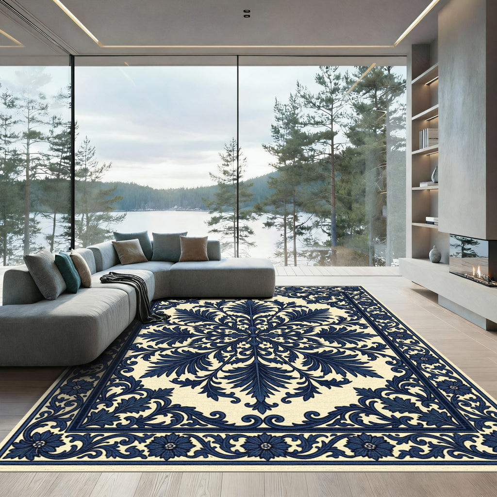 Dark Blue Floral Medallion Lattice Rug
