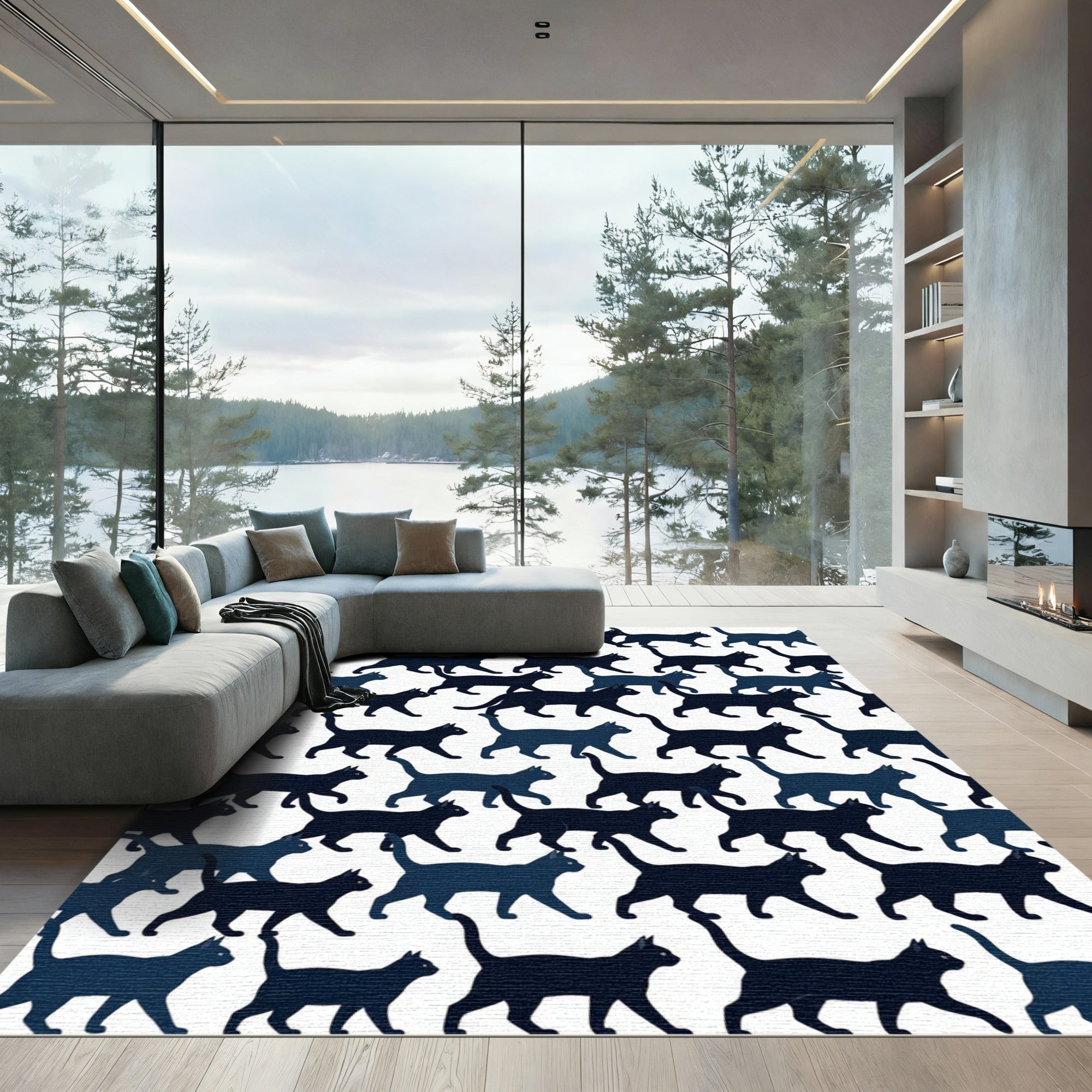 Whimsical Silhouette Black Cat Wallpaper Rug