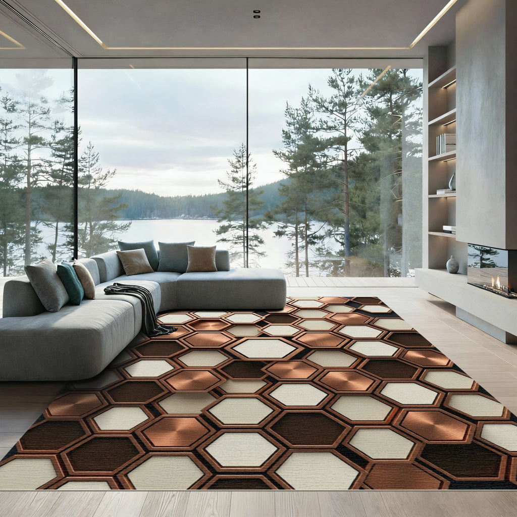 Copper Cream Hexagon Mosaic Rug