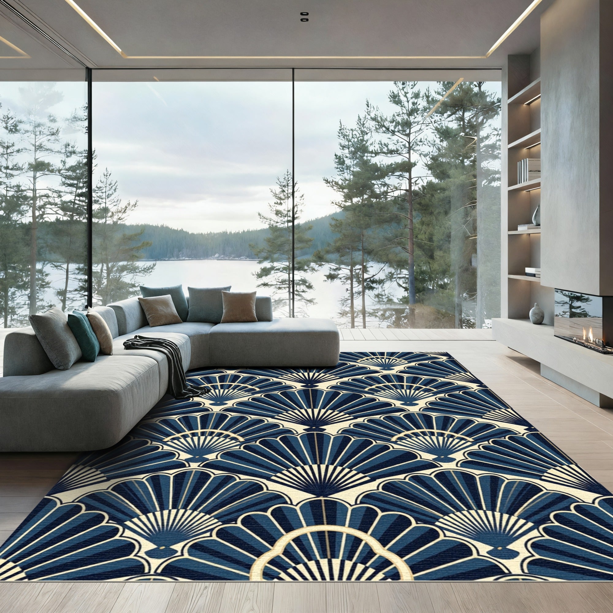 Art Deco Navy Blue Fan Geometric Rug