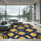 Elegant Navy Gold Floral Intertwining Scroll Rug