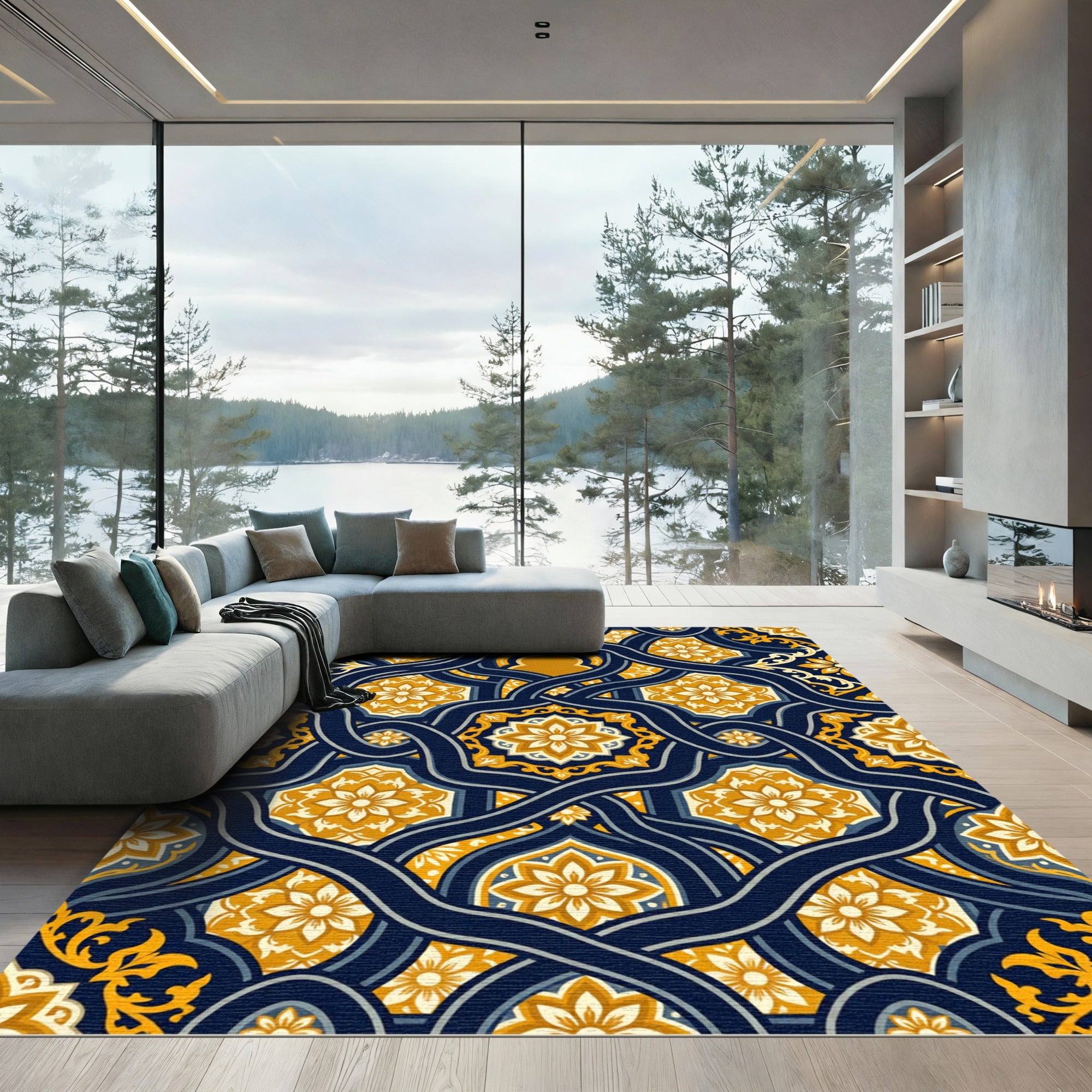 Elegant Navy Gold Floral Intertwining Scroll Rug