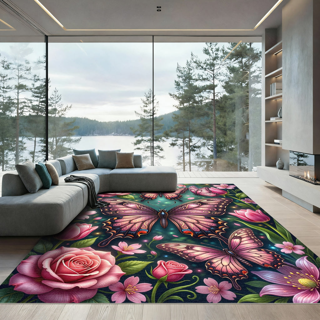 Pink Floral Butterfly Garden Whimsy Rug