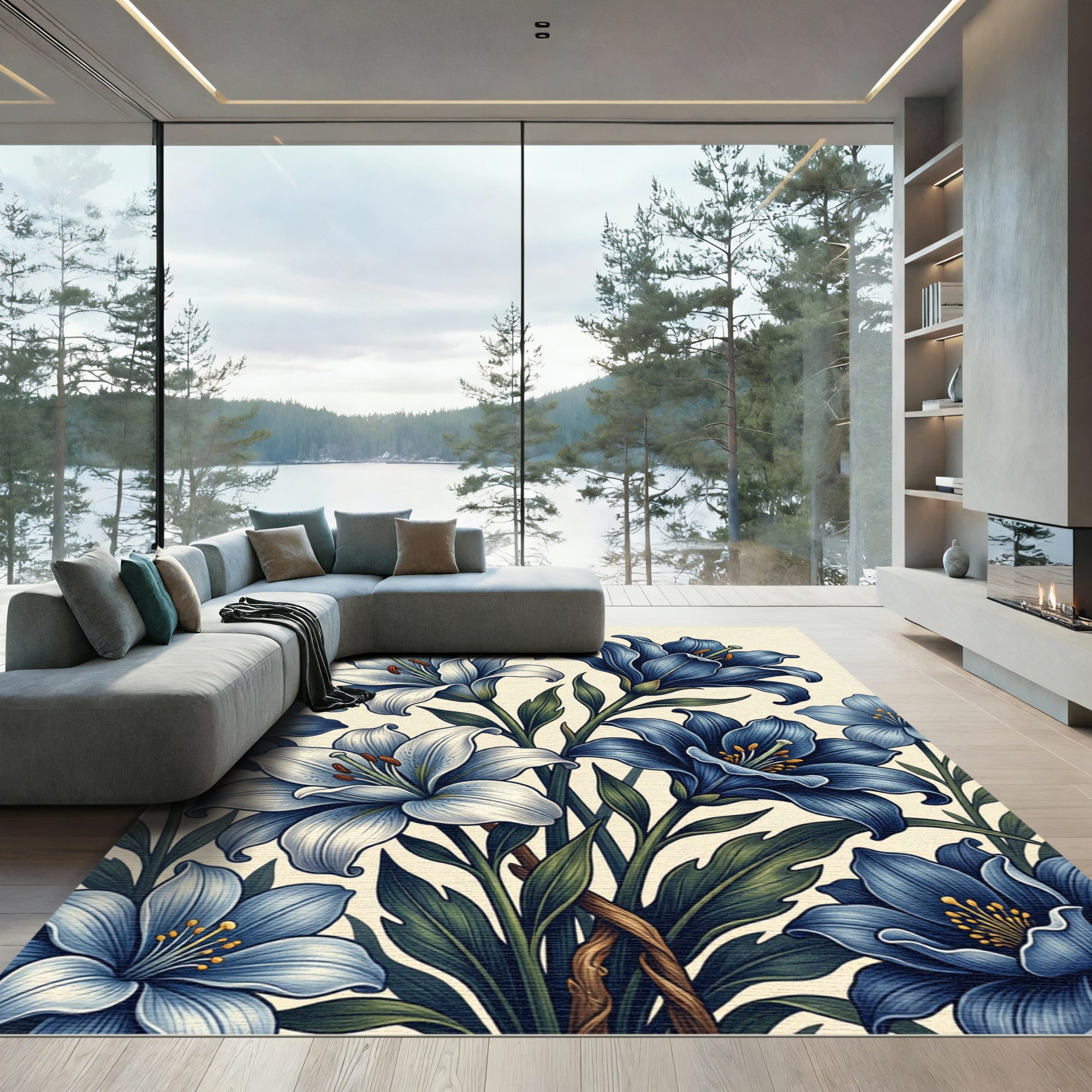 Majestic Blue Lily Garden Arrangement Rug