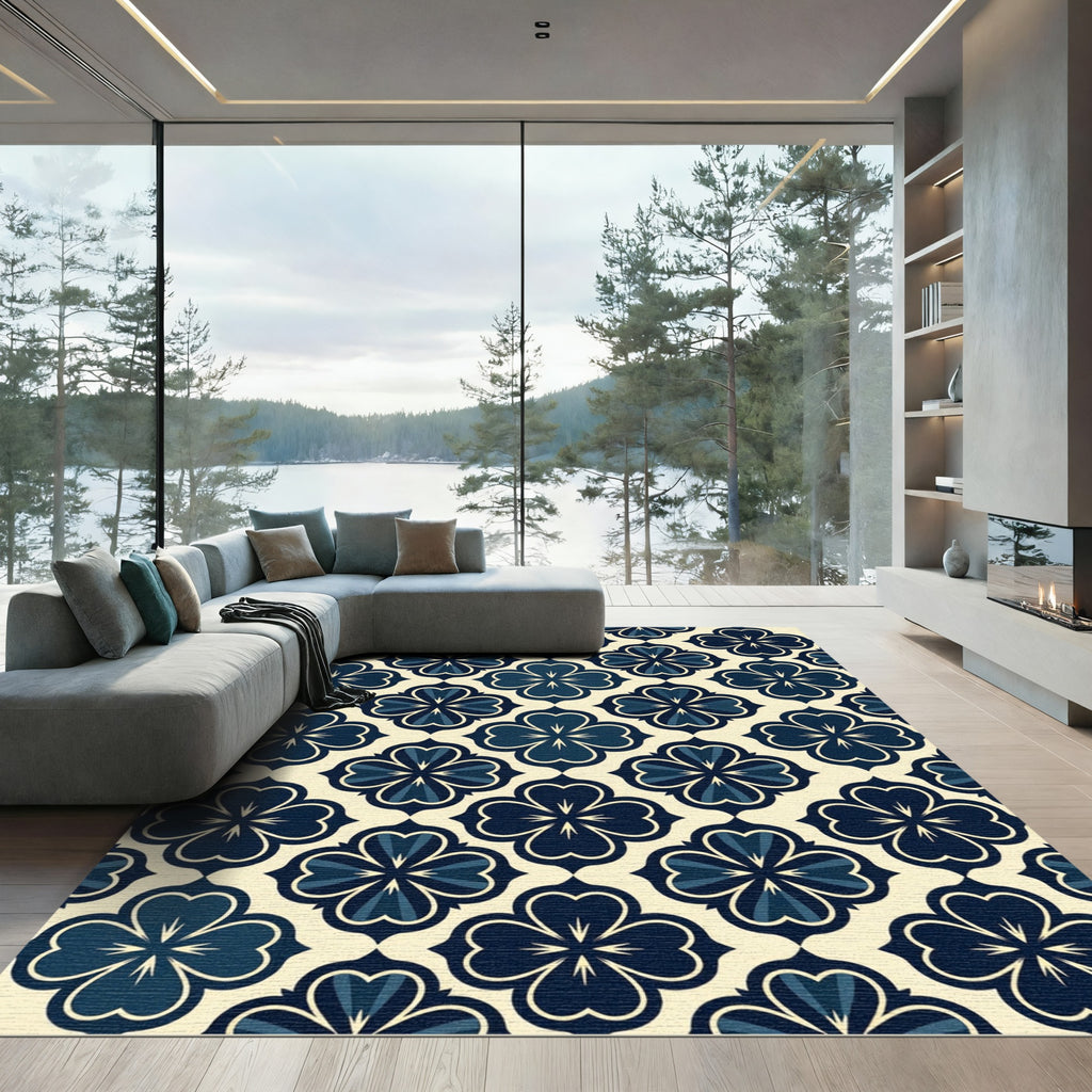 Navy Blue Clover Quatrefoil Floral Geometry Rug