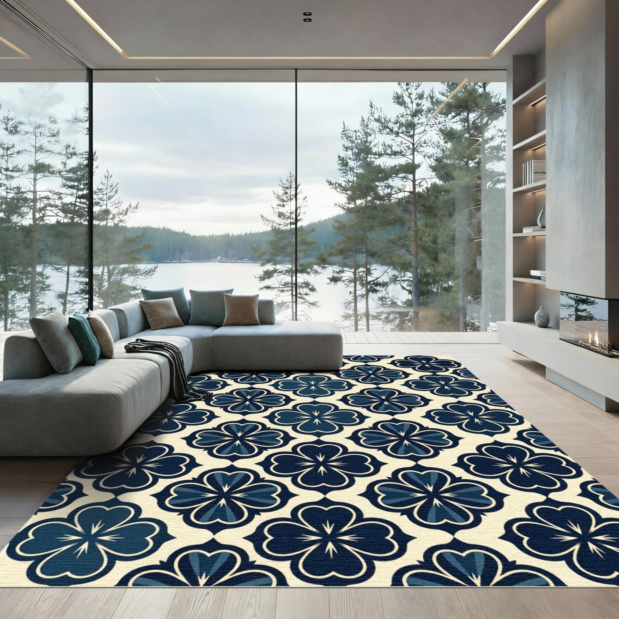 Navy Blue Clover Quatrefoil Floral Geometry Rug