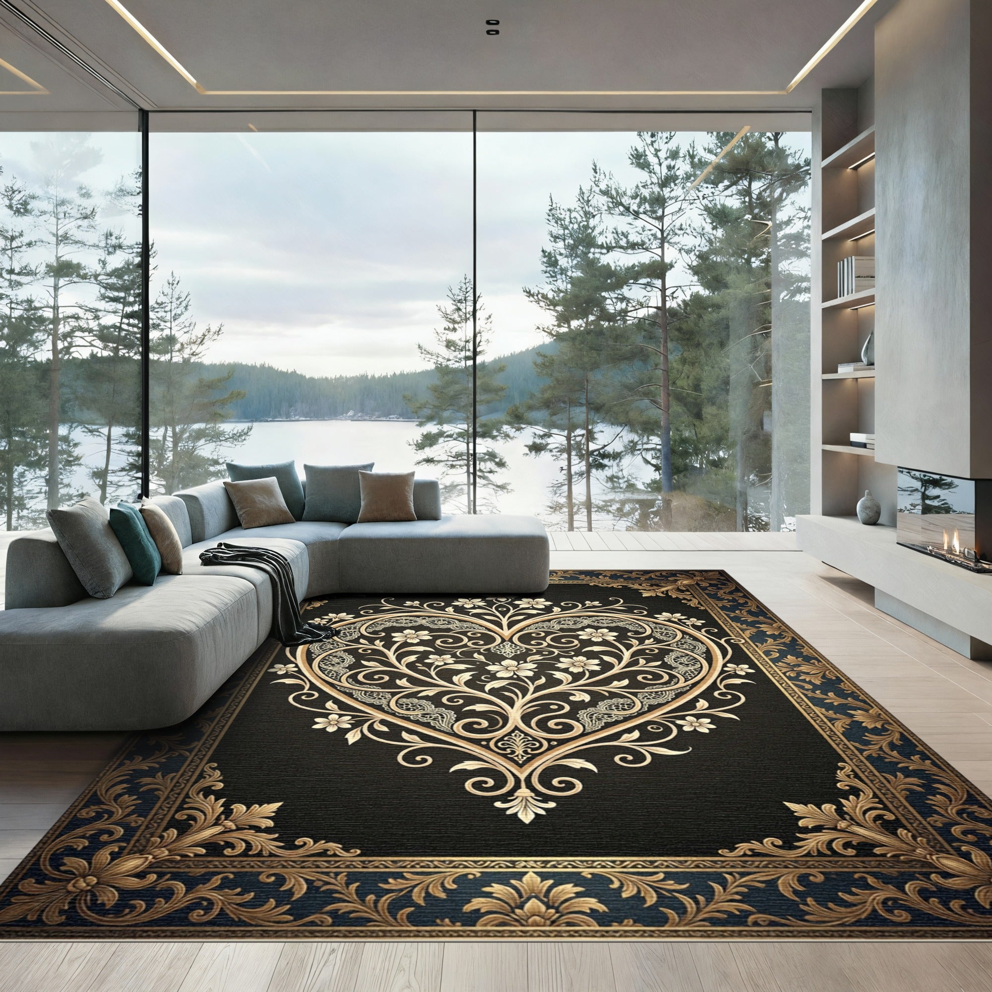 Ornate Gold Heart Floral Scrollwork Rug