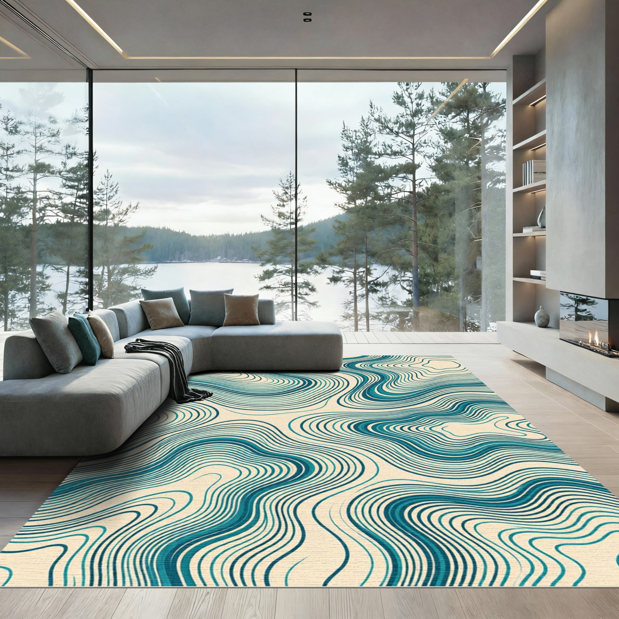 Teal Blue Fluid Wave Flowing Rug