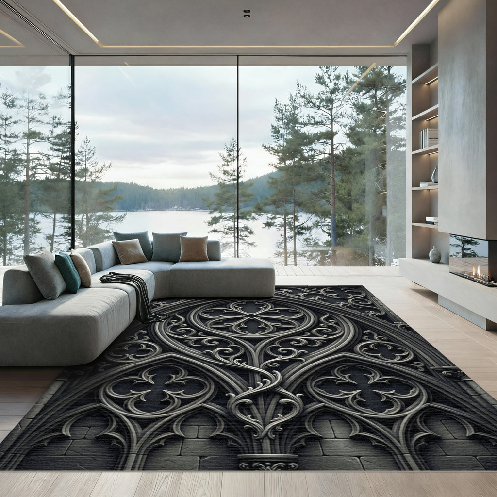Gothic Charcoal Quatrefoil Archway Rug