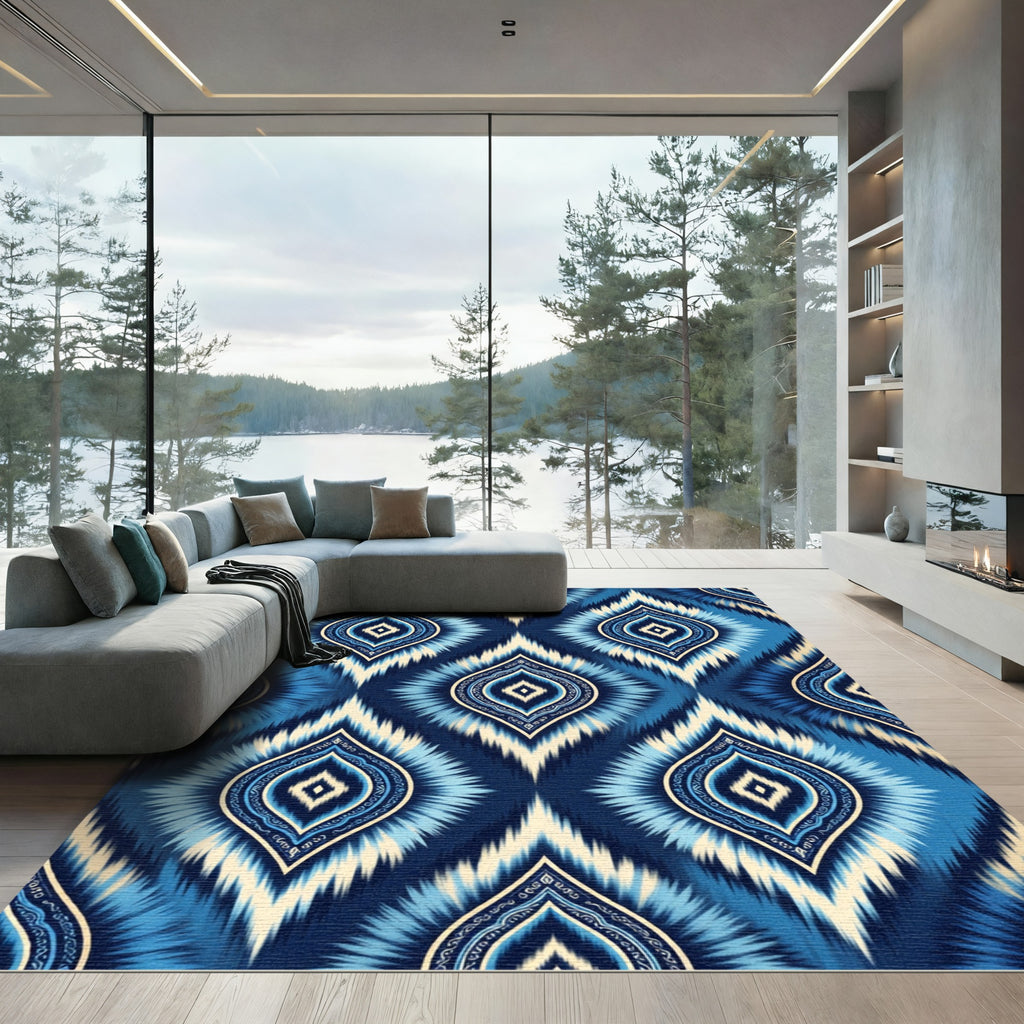 Indigo Blue Ikat Diamond Tile Rug