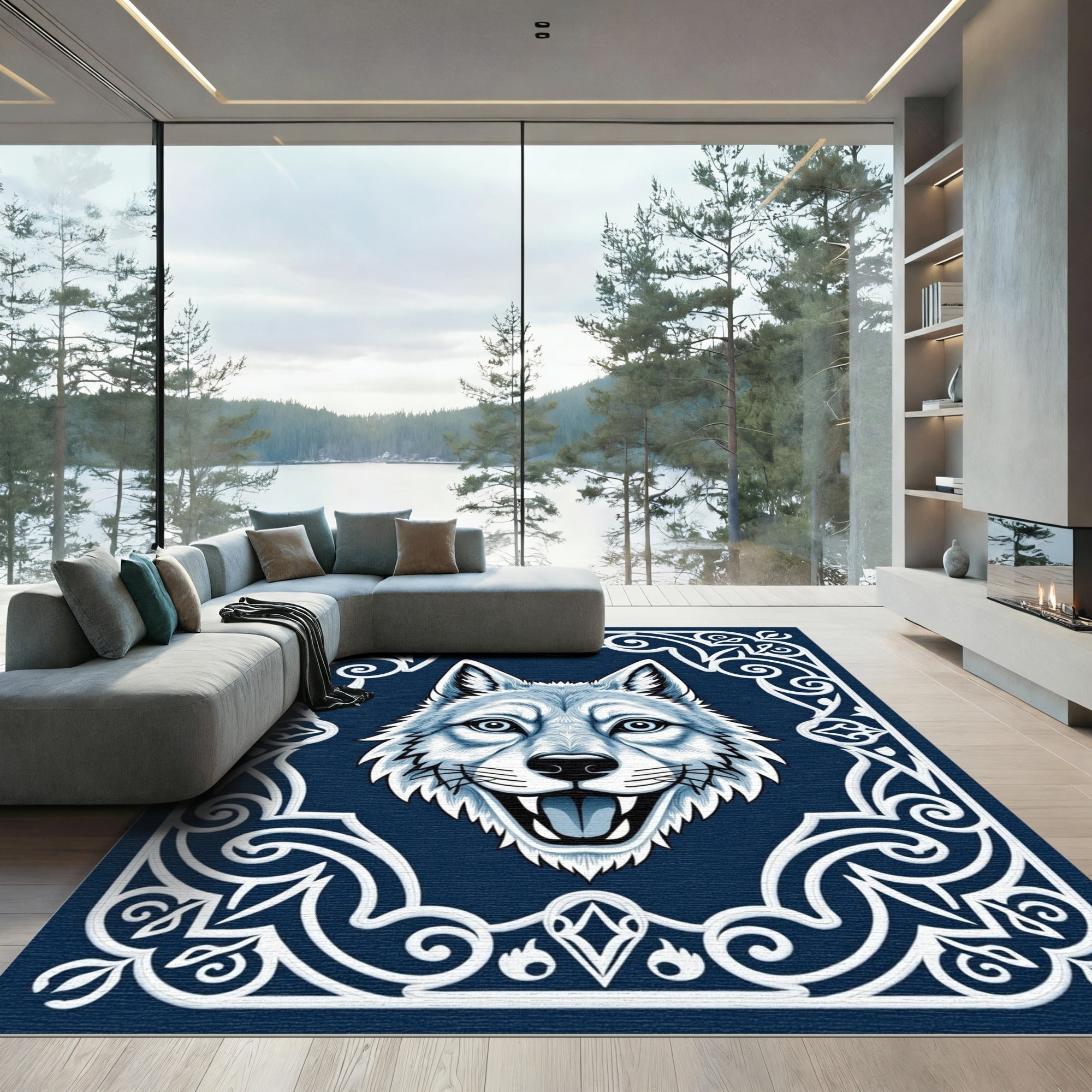 Bold Blue Wolf Tribal Frame Rug