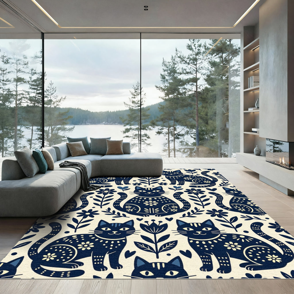 Navy Folk Art Cat Meadow Rug