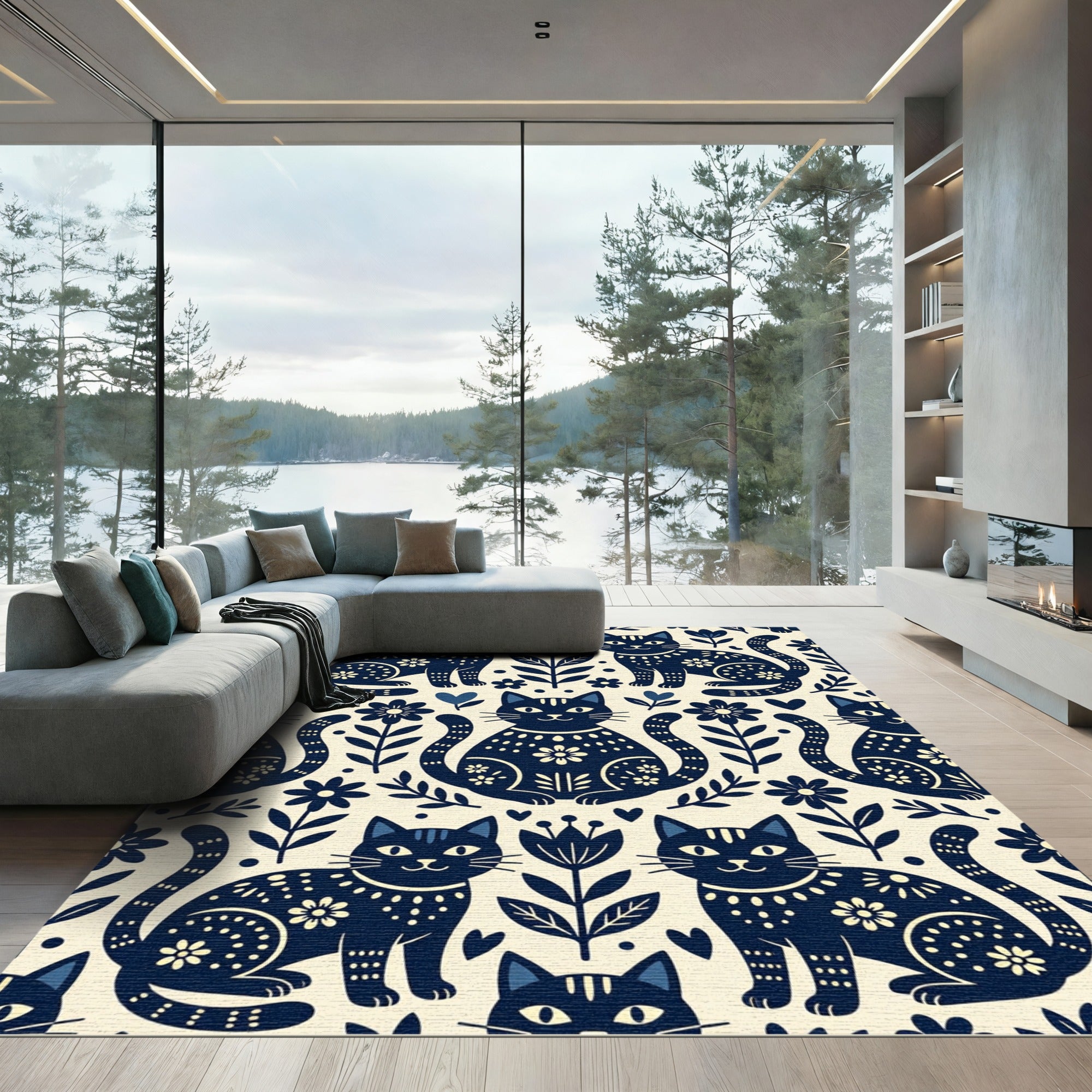 Navy Folk Art Cat Meadow Rug