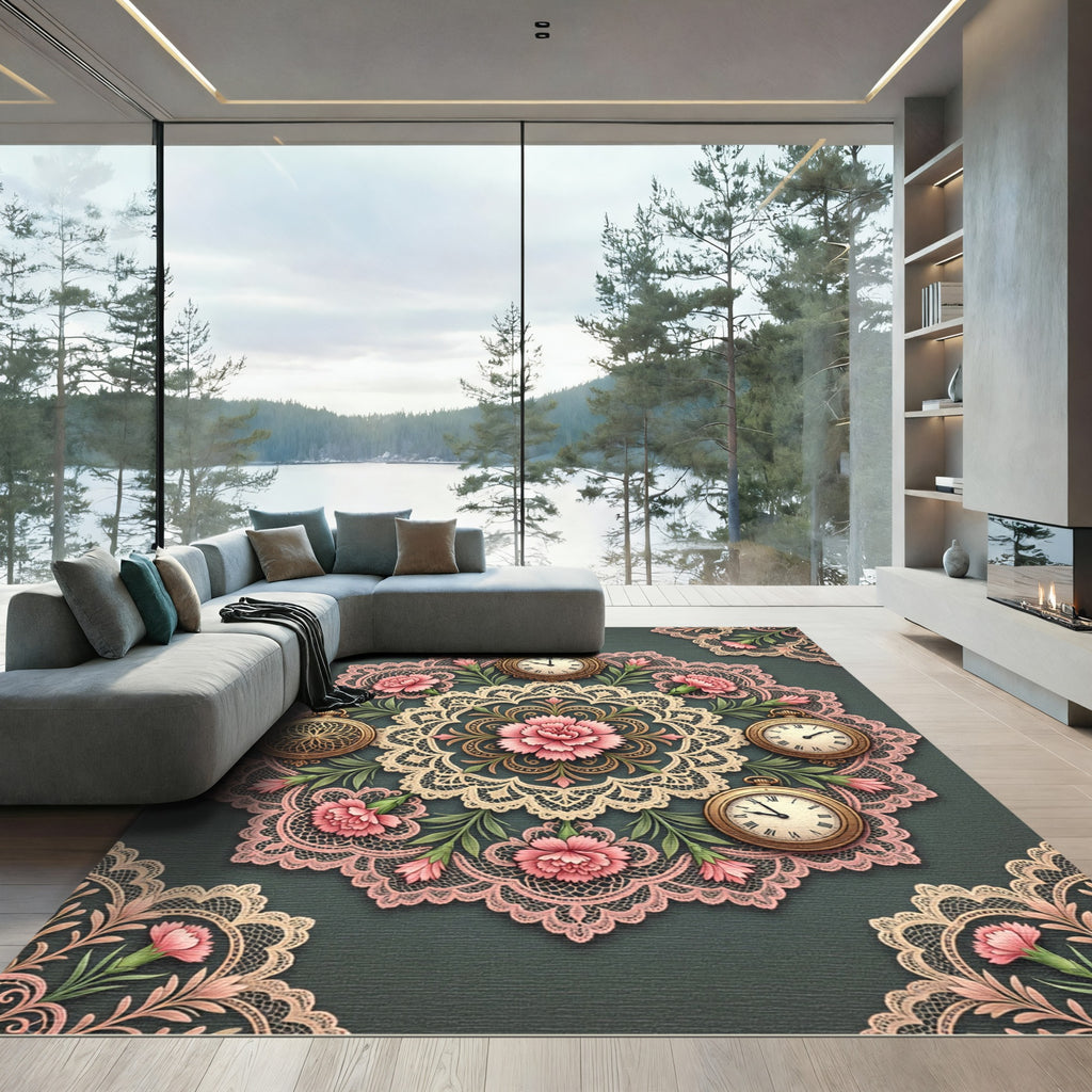 Pink Floral Pocket Watch Medallion Rug