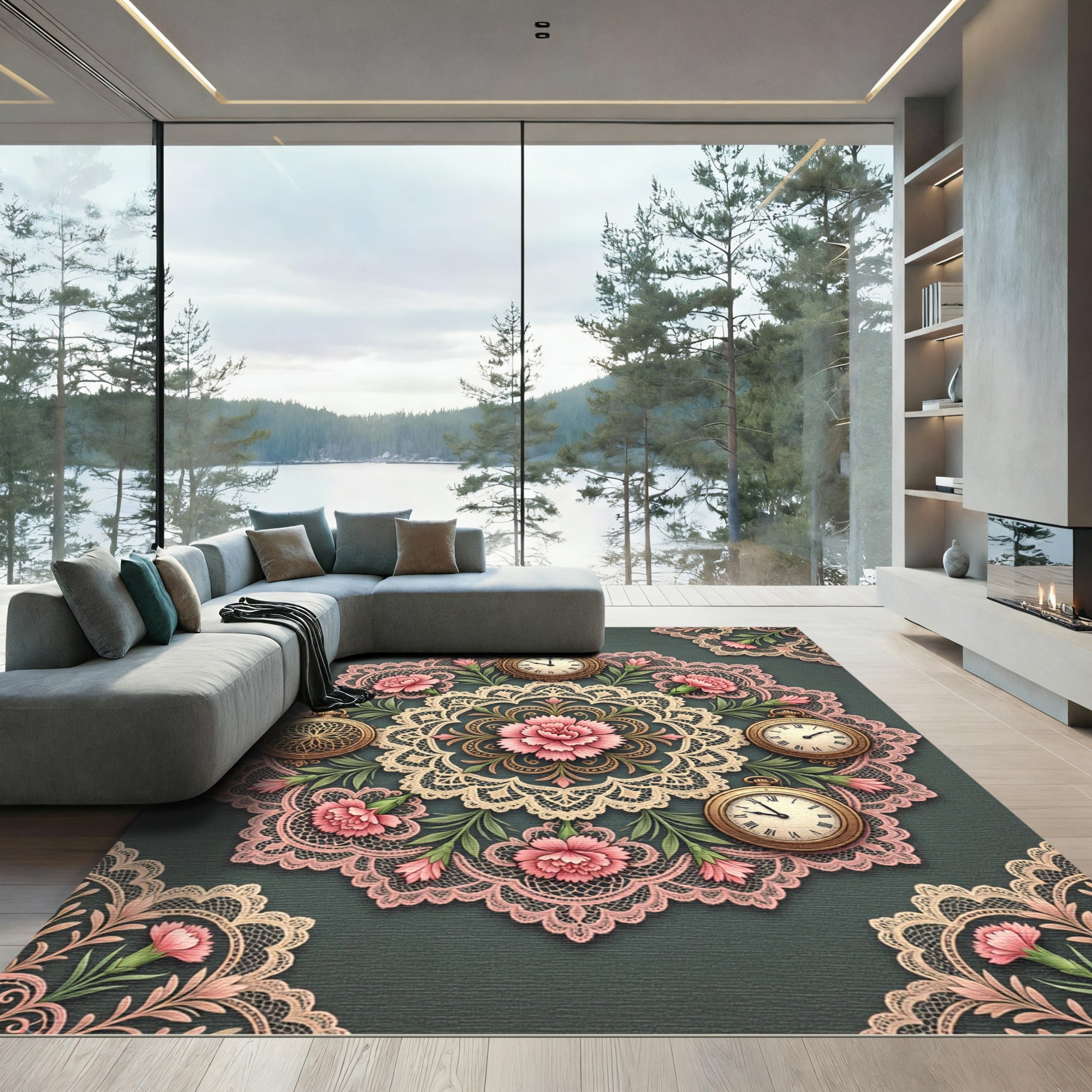 Pink Floral Pocket Watch Medallion Rug