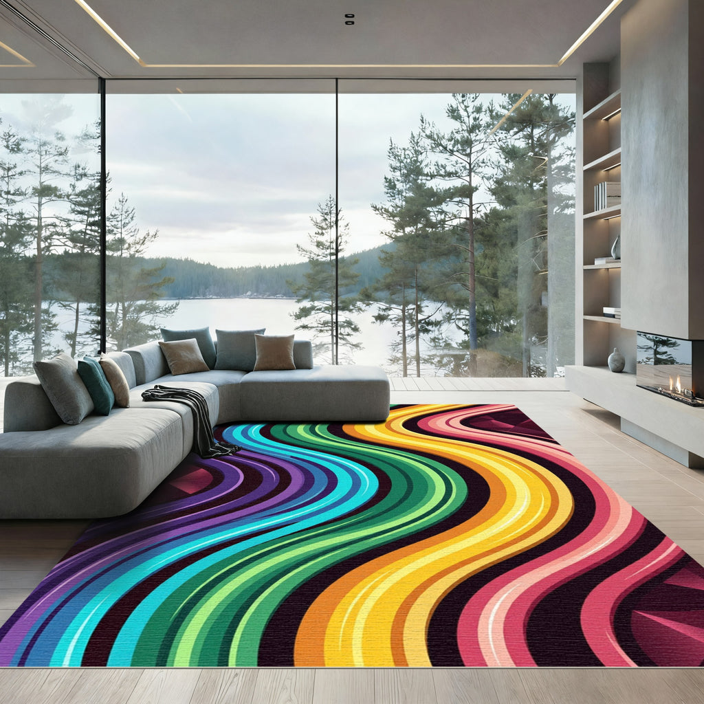 Vibrant Rainbow Wavy Stripe Rug