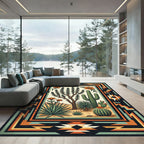 Southwestern Desert Cactus Geometric Border Rug