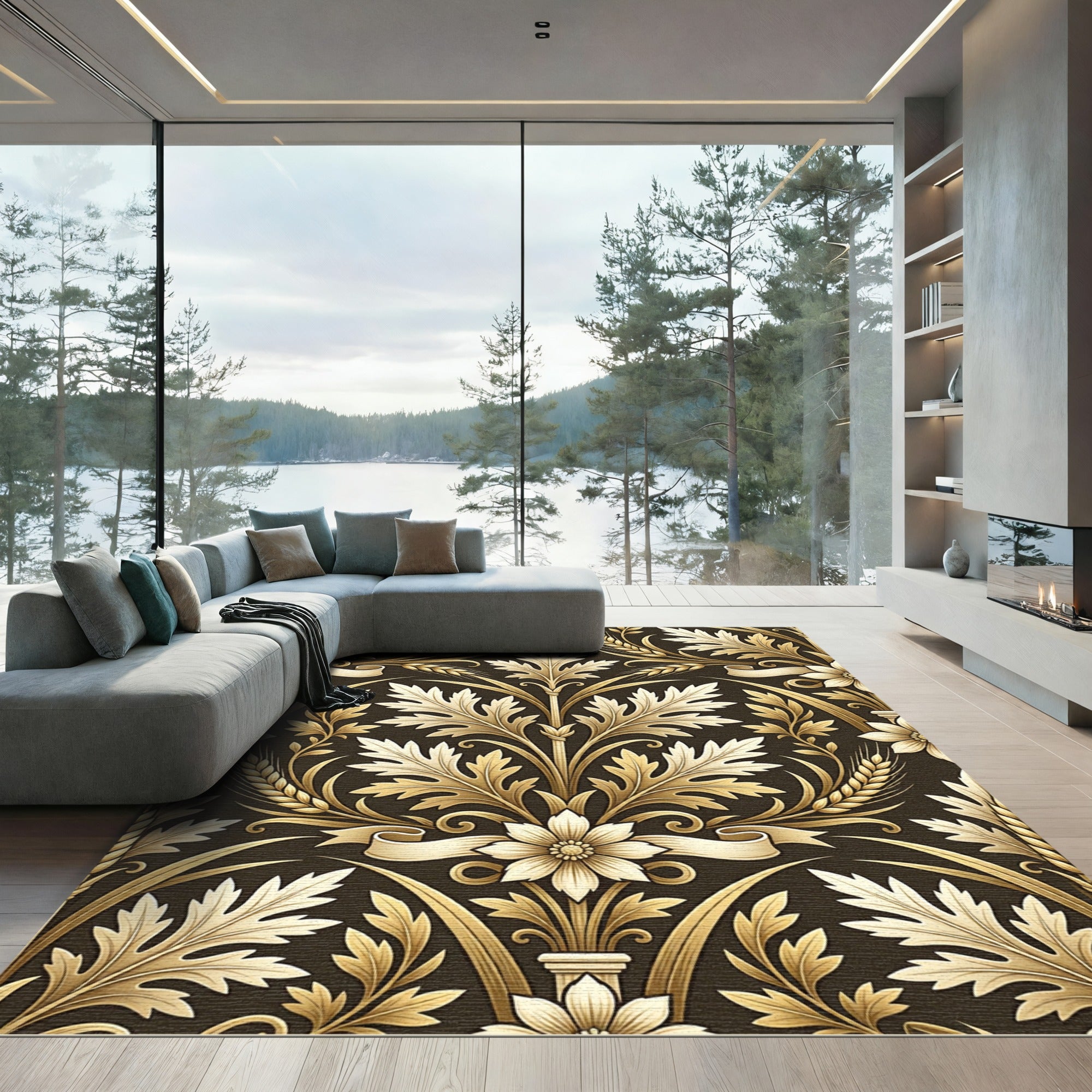 Ornate Gold Leaf Floral Meadow Rug