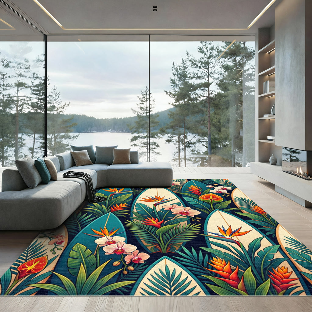 Tropical Surfboard Botanical Jungle Floral Rug