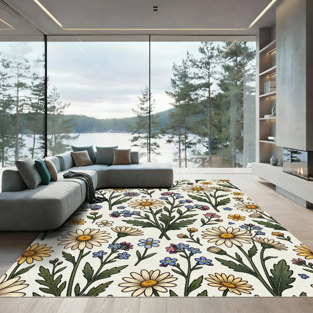Whimsical Botanical Meadow Wildflower Field Rug