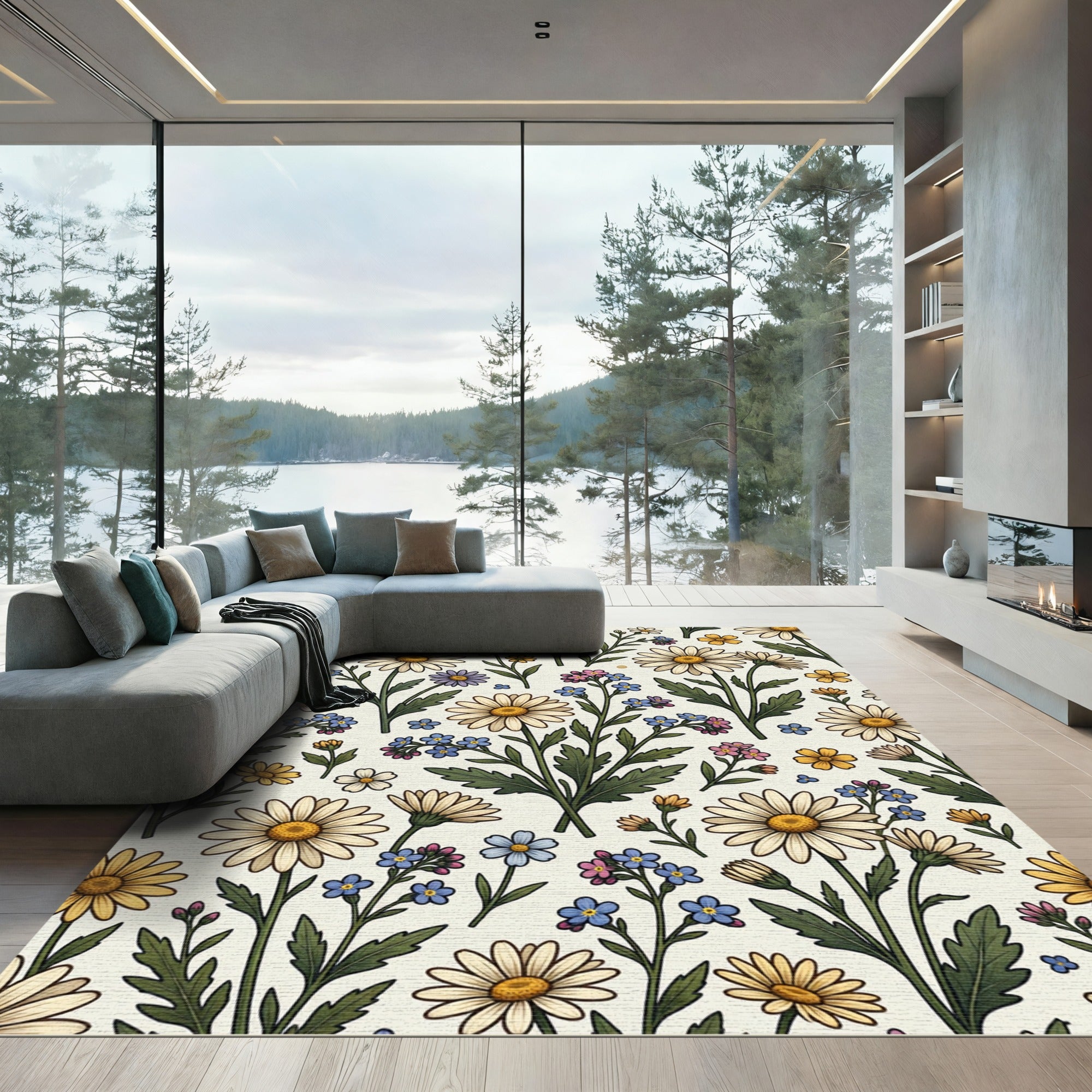Whimsical Botanical Meadow Wildflower Field Rug