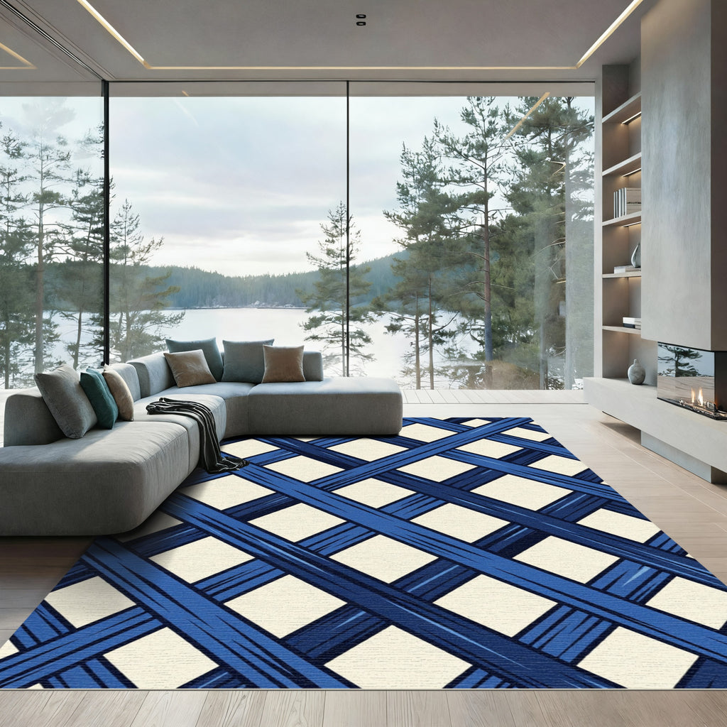 Deep Blue Open Weave Lattice Rug