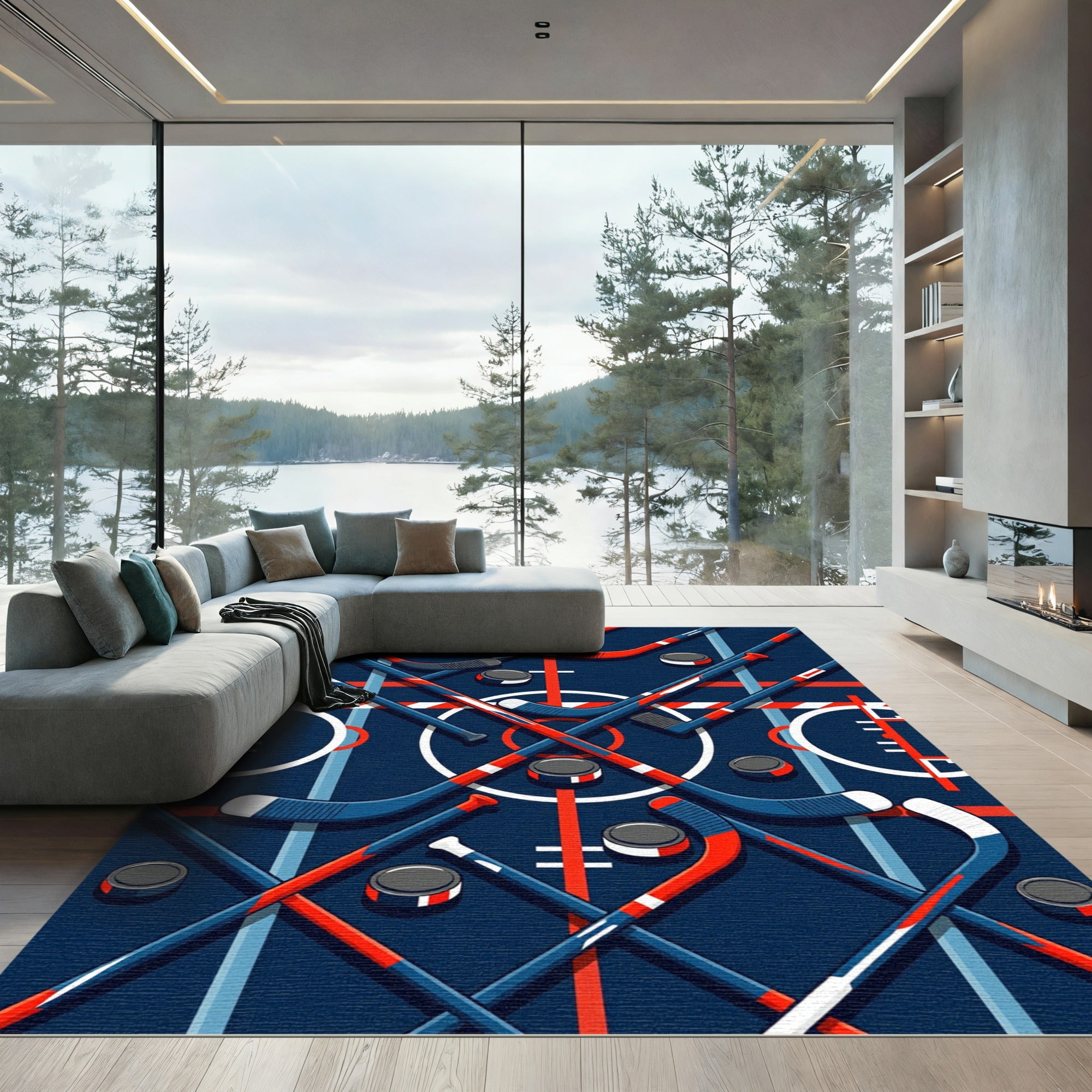 Modern Navy Hockey Stick Arena Grid Rug